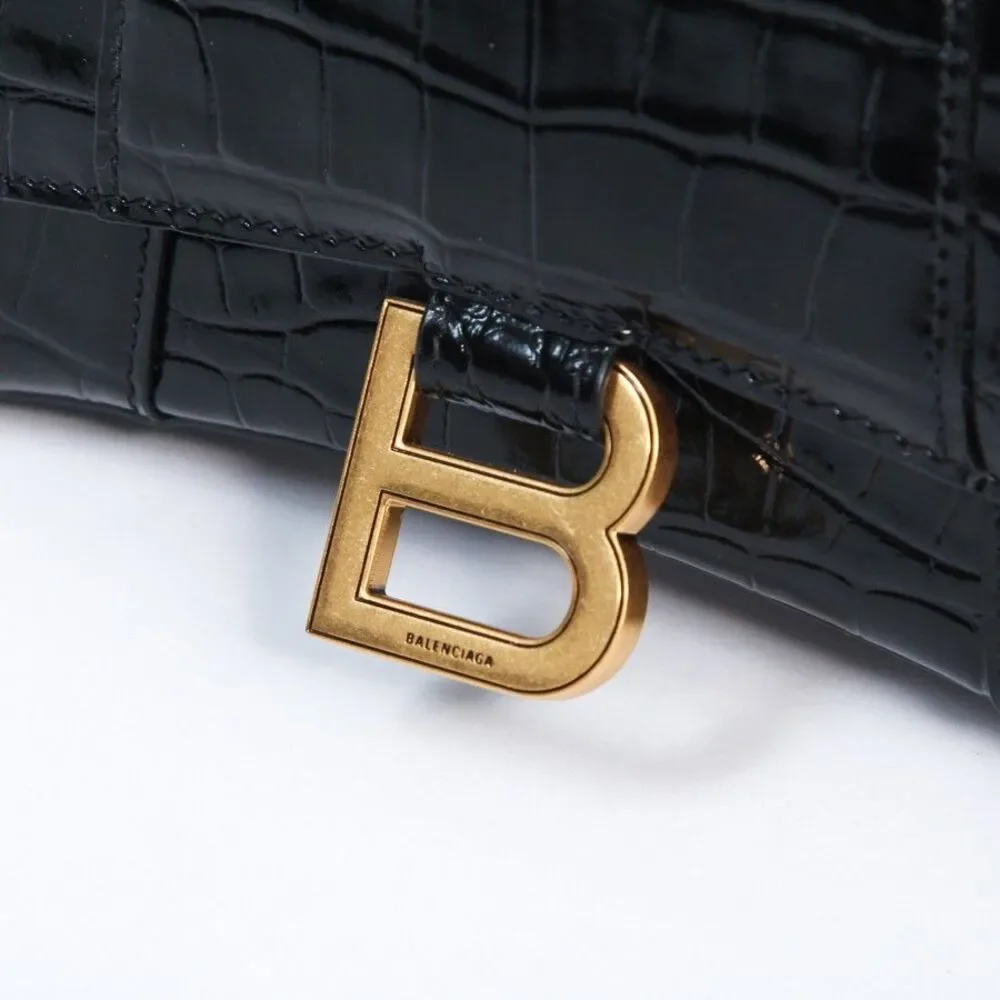 Balenciaga Hourglass XS Black Croc-Embossed Calfskin Top Handle Crossbody Bag